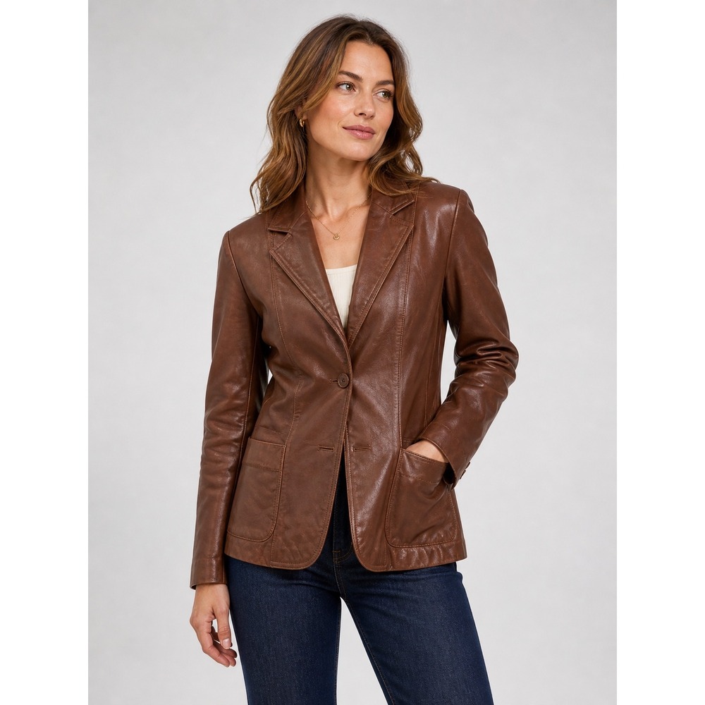 Brown Leather Blazer Jacket - Women